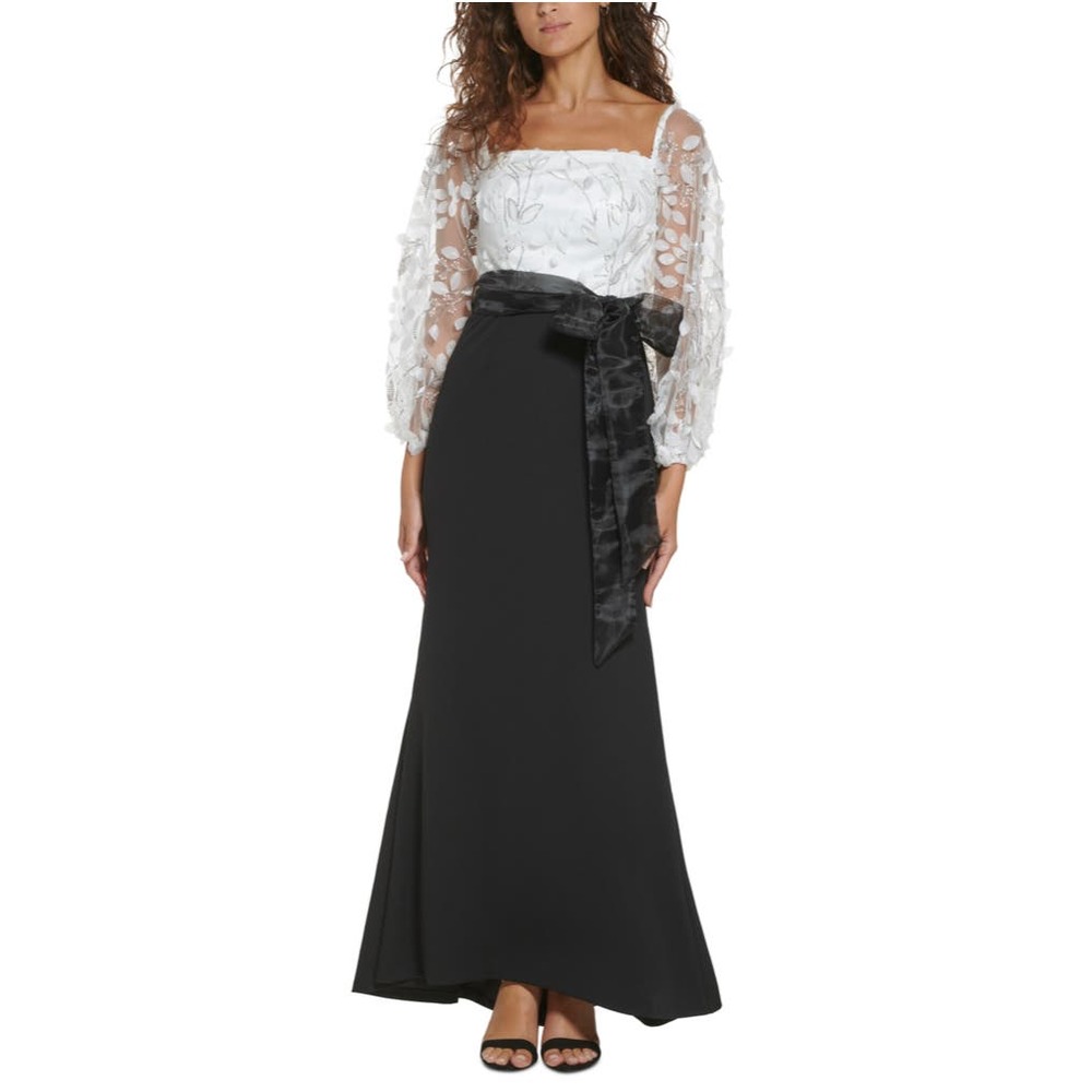NEW / Eliza J Floating Petal Off Shoulder White Black Long Dress Gown 18